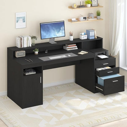 Computer Desk with 3 Drawer & Storage Shelves, Home Office Desk with File Drawer & Cabinet, Writing Study Table with Long Monitor Stand & Printer Shelf, Executive Desk, Black