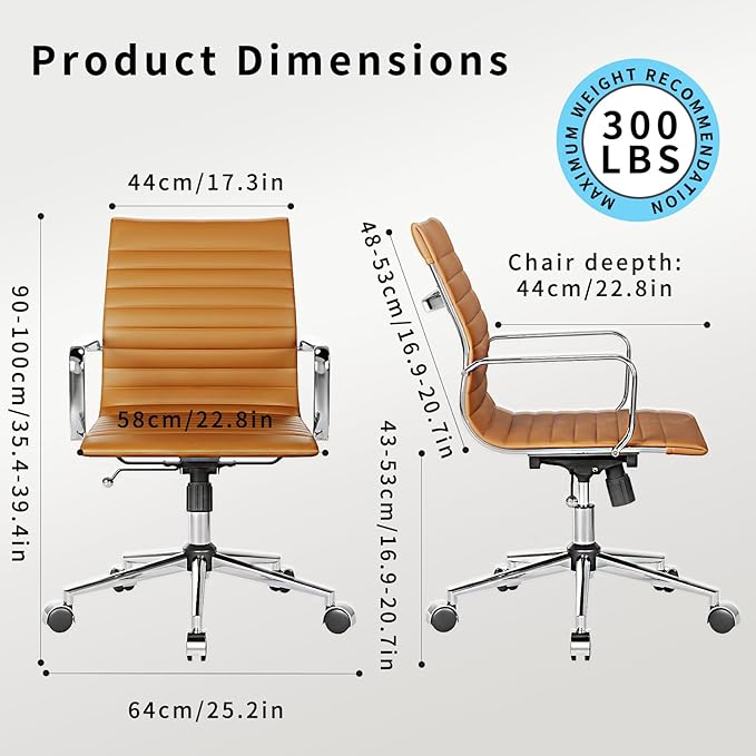 Ergonomic Office Chair with Lumbar Support Adjustable Swivel Mid Back Desk Chair PU Leather Computer Task Chair for Home Office 360° Rolling, Terracotta