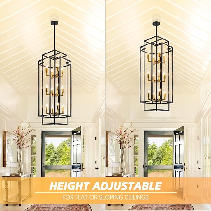 Farmhouse 12-Light Lantern Tiered Pendant Light Fixture - Entryway Chandelier for High Ceilings, Staircase, Hallway (Black and Gold)