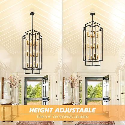Farmhouse 12-Light Lantern Tiered Pendant Light Fixture - Entryway Chandelier for High Ceilings, Staircase, Hallway (Black and Gold)