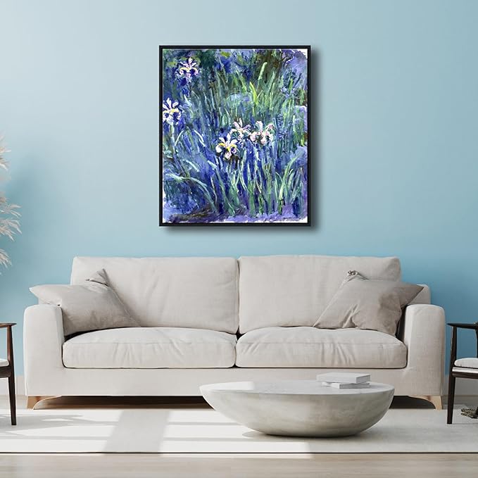 Wieco Art Framed Canvas Prints Wall Art Irises by Claude Monet Oil Paintings Reproduction Landscape Pictures Artwork on Canvas Wall Art for Living Room Decorations and Wall Decor