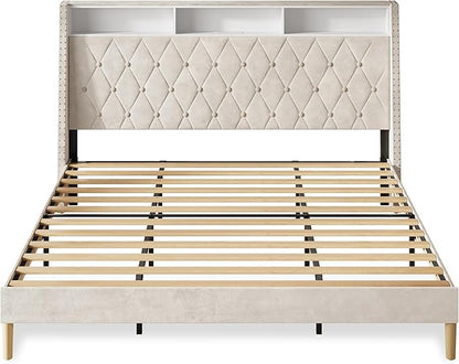 WLIVE King Size Upholstered Bed Frame with Storage Headboard, Velvet Square Tufted Platform Bed with Charging Station, Sturdy Metal & Wooden Slats Support, No Box Spring Needed, Beige