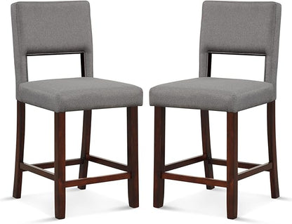 COSTWAY Bar Stools Set of 2, Linen 24.5 Inch Counter Height Chairs with Hollowed Backs, Rubber Wood Legs, Upholstered Barstools for Kitchen Island Home Bar Pub Dining Room, Grey