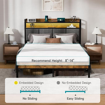 Z-hom Full Bed Frames, Full Bed Frame with 2-Tier Storage Upholstered Headboard, Metal Platform with USB Charging Station & LED Lights, Noise Free, No Box Spring Needed, Easy Assembly, Vintage Brown
