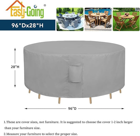 Easy-Going Round Patio Furniture Cover Waterproof Outdoor Dining Table and Chair Cover Anti-UV Outside Sectional Sofa Set Covers (96"DIA x 28"H, Grey)