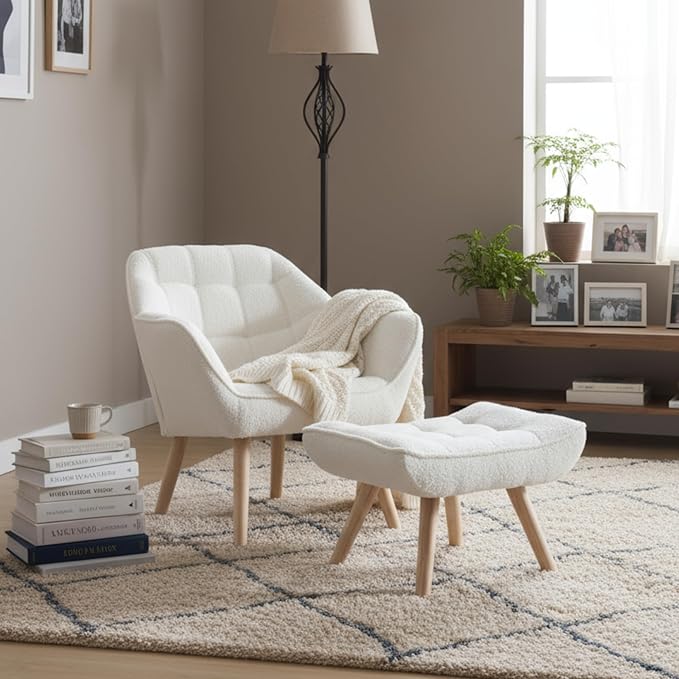 Small Accent Chair with Ottoman, Sherpa Upholstered Lounge Chair with Footrest, Comfy Reading Armchair with Wood Legs for Living Room Bedroom, White