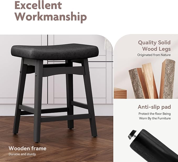 ALPHA HOME Bar Stools Set of 4, Solid Wood Saddle Kitchen Stools with Black PU Leather Cushion Counter Height Barstools with Wooden Base for Kitchen Dining Cafe, 24 Inch, Black, 4PCS
