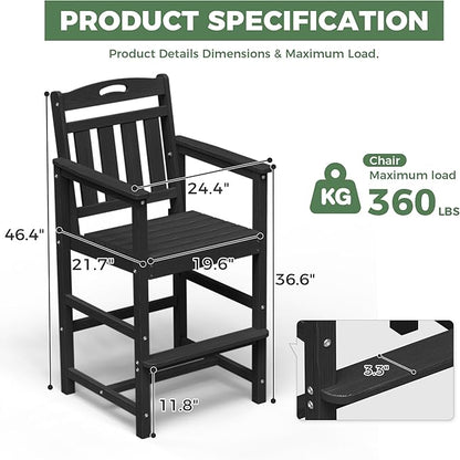 Outdoor Patio Bar Height Chair, All-Weather HDPE Tall Balcony Adirondack Stools for Bistro, Garden, Backyard, Deck | Matte Black