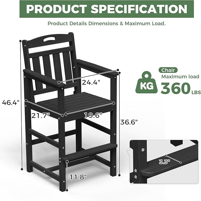 HDPE Outdoor Patio Tall Adirondack Bar Chairs Set of 2, All-Weather Bar Height Balcony Adirondack Stools for Bistro, Garden, Backyard, Pool, Deck | Matte Black