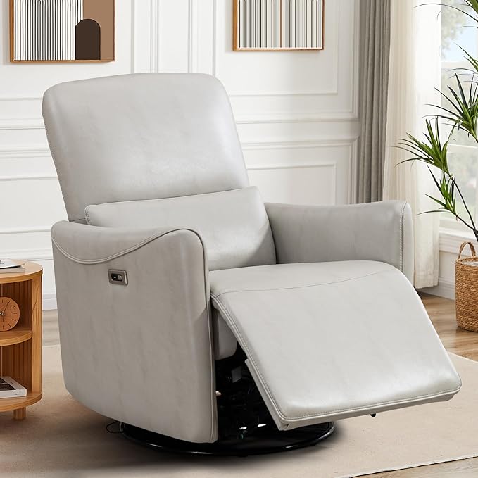 Power Swivel Recliner Chair, Faux Leather Glider Electric Rocking Chair for Adults. Nursery Rocker Single Sofa Chair with Lumbar Support for Living Room. Dual-Port Charging: Type-C&USB, Grey