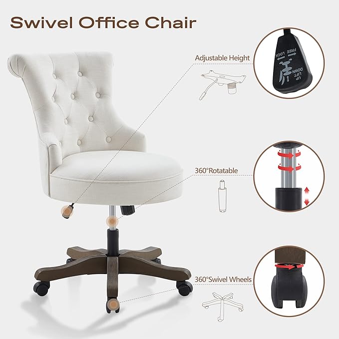 Home Office Chair Adjustable Height Swivel Chair with Wheels Linen Fabric Upholstered Computer Desk Chair with Wooden Legs Comfortable Armless Chair for Home Office Study Studio(Beige)
