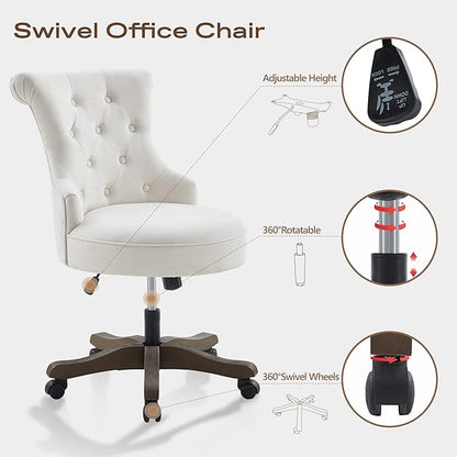Home Office Chair Adjustable Height Swivel Chair with Wheels Linen Fabric Upholstered Computer Desk Chair with Wooden Legs Comfortable Armless Chair for Home Office Study Studio(Beige)