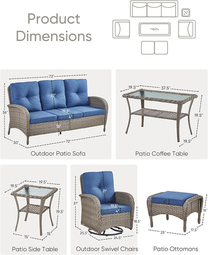 HUMMUH 7 Pieces Outdoor Furniture Set-All Weather Wicker Rattan Couch with Outdoor Rocking Chair Patio Furniture for Deck Lawn Porch Balcony Poolside-Grey/Blue