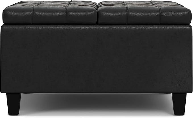 SIMPLIHOME Harrison 30 inch Wide Transitional Square Small Coffee Table Storage Ottoman in Distressed Black Vegan Faux Leather, Assembled, for The Living Room and Bedroom