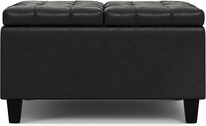 SIMPLIHOME Harrison 30 inch Wide Transitional Square Small Coffee Table Storage Ottoman in Distressed Black Vegan Faux Leather, Assembled, for The Living Room and Bedroom