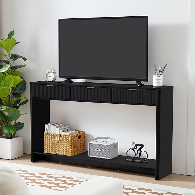 Entryway Table with Storage, Narrow Console Table with 3 Drawers, 55.12' Couch Table Behind Sofa Long for Living Room TV/Hallway Entrance Foyer, Mid Century Modern Black Fluted Console Table