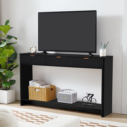 Entryway Table with Storage, Narrow Console Table with 3 Drawers, 55.12' Couch Table Behind Sofa Long for Living Room TV/Hallway Entrance Foyer, Mid Century Modern Black Fluted Console Table