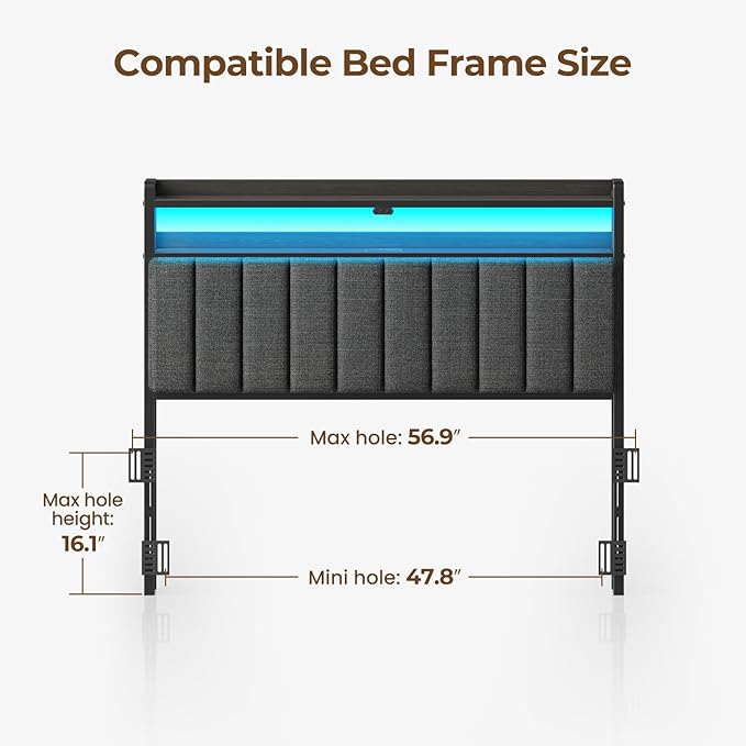 Rolanstar Headboard for Full Size Bed with Storage, 60,000 DIY Color of LED Light, Head Board with USB & Type C Port, Height Adjustable, Black Upholstered Cabeceras de Cama Comfortable Modern, Stable