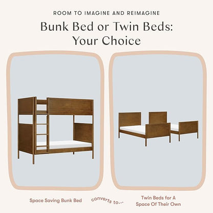 Babyletto Bondi Bunk Bed Twin Over Twin - GREENGUARD Gold Certified Heavy Duty Wood Bunkbeds w/Adjustable Ladder - Convertible to 2 Individual Beds for Kids - Trundle Sold Separately - Natural Walnut