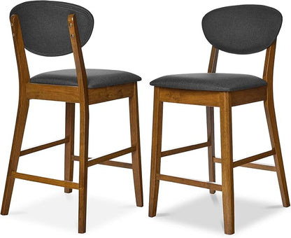Best Choice Products Bar Stool Set of 2, Mid-Century Modern Upholstered Wood, Armless Counter Height w/Seat Cushion, Backrest - Walnut/Charcoal