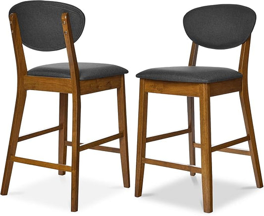 Best Choice Products Bar Stool Set of 2, Mid-Century Modern Upholstered Wood, Armless Counter Height w/Seat Cushion, Backrest - Walnut/Charcoal