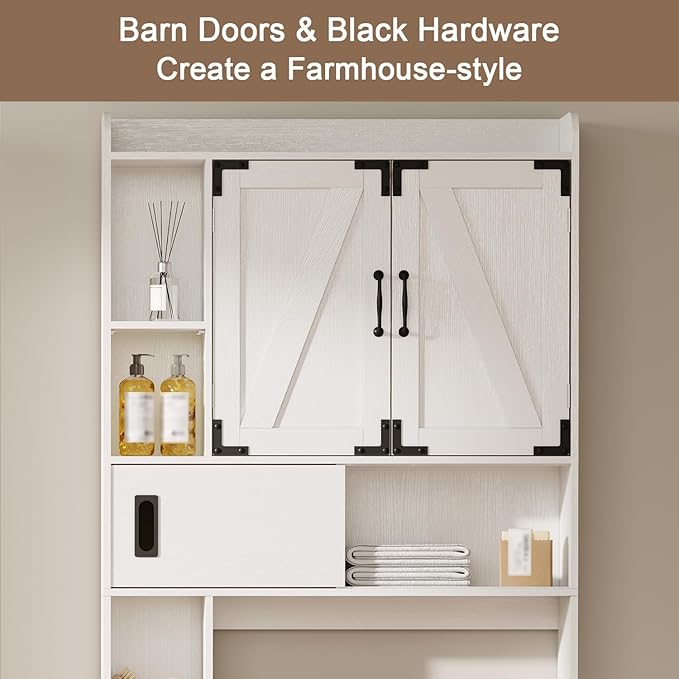 ChooChoo Over The Toilet Storage Cabinet, Farmhouse Bathroom Storage Cabinet with Sliding Door, Over Toilet Storage with Adjustable Shelves, Space-Saving, White