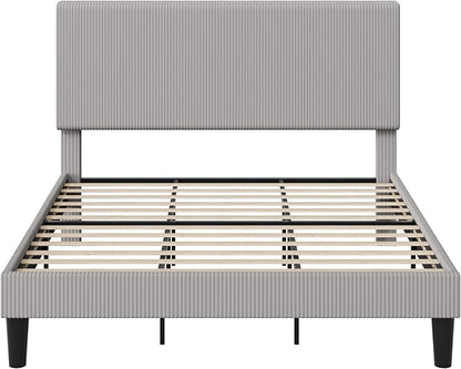 Allewie King Size Upholstered Bed Frame with Vertical Channel Tufted Headboard, Soft Corduroy Fabric Platform Bed, Strong Wooden Slats Support, Easy Assembly, No Box Spring Needed, Light Grey