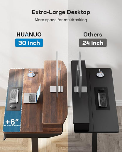 HUANUO 48 x 30 inch Electric Standing Desk with 4 Drawers, Adjustable Height Sit Stand Home Office Desk with Two Tiers, Ergonomic Adjustable Stand up Desk C-Clamp Monitor Mount Compatible, Walnut