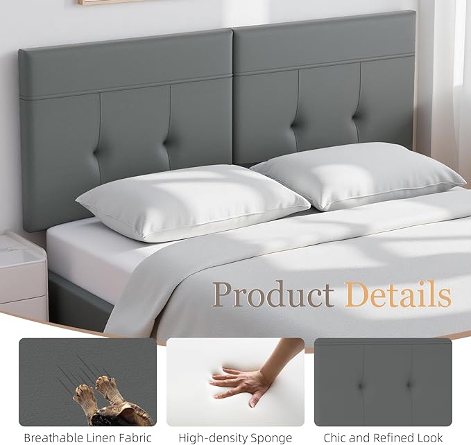 Upholstered King Size Headboard, Headboard King with Sturdy Metal Legs, Tufted Upholstery Design Bed Headboards with Adjustable Width & Height (Grey)