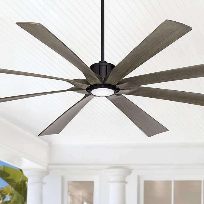 Possini Euro Design 80" Defender Modern Industrial Outdoor Ceiling Fan with Dimmable LED Light Remote Control Matte Black Damp Rated for Patio Exterior House Home Porch Gazebo Garage Barn
