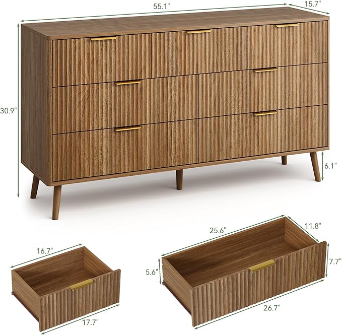 LYNSOM Fluted Dresser and Nightstand Sets 2 Piece, 2-Drawer Nightstands and 7-Drawers Dresser, Wood Bedroom Furniture Set for Home, Bedroom, Hallway, Natural Oak