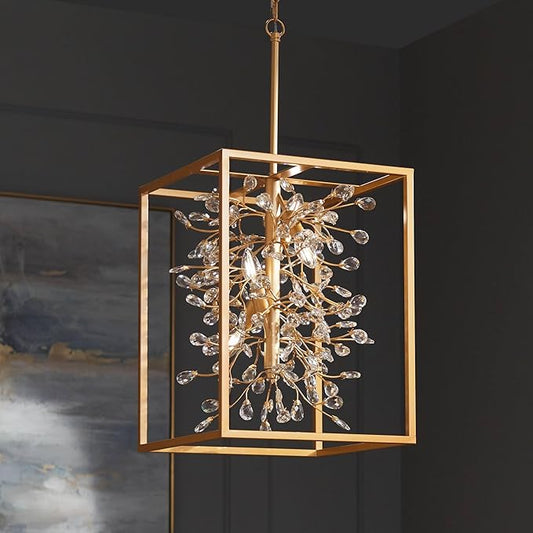 Possini Euro Design Carrine Light Brass Gold Pendant Chandelier Lighting 15 1/4" Wide Modern Clear Crystal Accents 4-Light Fixture for Dining Room House Home Foyer Kitchen Entryway Bedroom Living