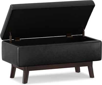 SIMPLIHOME Owen 36 inch Wide Mid Century Modern Small Rectangular Storage Ottoman in Distressed Black Vegan Faux Leather, Assembled, For the Living Room, Entryway and Family Room