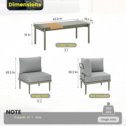 Sundale Outdoor 3 Pieces Patio Furniture Set, Metal Outdoor Sectional Sofa with 6 Inch Olefin Cushion and Coffee Table, All-Weather Modern Outdoor Conversation Sets (Green Frame)