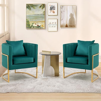 Velvet Modern Accent Chair, Upholstered Barrel Armchair Mid Century with Pillow for Living Room, Comfy Single Vnaity Chair with Metal Gold Legs for Bedroom, Green