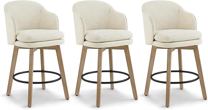 Counter Height Barstools 26 inch Upholstered Swivel Bar Stools with Back and Wood Legs for Kitchen Island,Set of 3,Linen Fabric