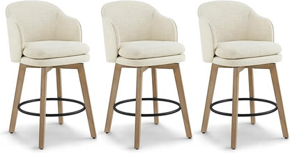 Counter Height Barstools 26 inch Upholstered Swivel Bar Stools with Back and Wood Legs for Kitchen Island,Set of 3,Linen Fabric