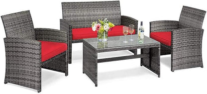 COSTWAY Patio Furniture Set 4 Pieces, Outdoor Wicker Chairs Sofa w/Coffee Table and Soft Cushions, Rattan Conversation Sets for Patio Lawn Backyard Yard Pool Garden, Red