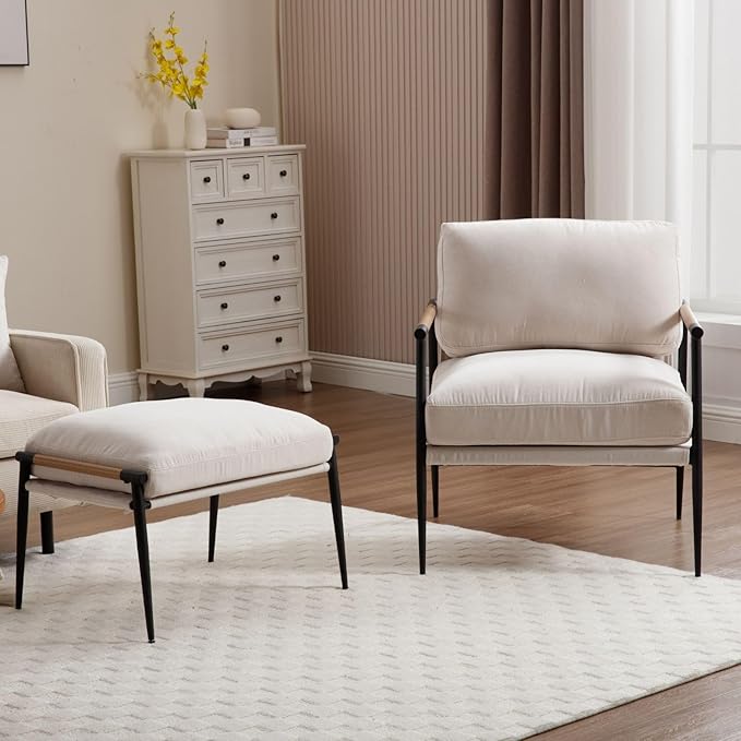 LukeAlon Mid-Century Chenille Accent Chairs with Ottoman Set of 2, Soft Living Room Chairs with Metal Legs Modern Upholstered Armchairs Lounge Chair with Footstool for Bedroom Reading Room, Beige