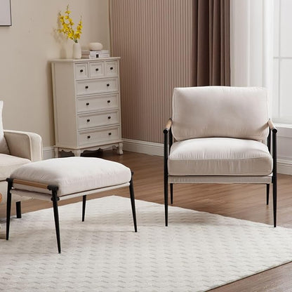 LukeAlon Mid-Century Chenille Accent Chairs with Ottoman Set of 2, Soft Living Room Chairs with Metal Legs Modern Upholstered Armchairs Lounge Chair with Footstool for Bedroom Reading Room, Beige