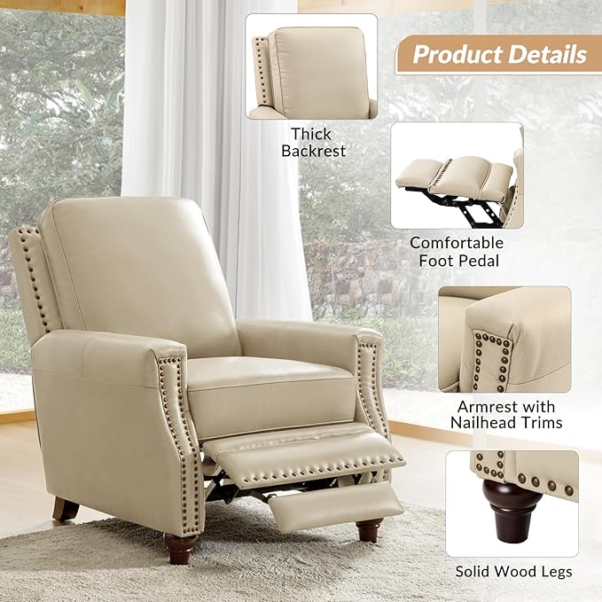 HULALA HOME Genuine Leather Recliner Chair Set of 2, Push Back Recliner Armchair with Thick Seat and Backrest, Comfy Adjustable Home Theater Single Recliner w/Nailhead Decor for Living Room(Beige)