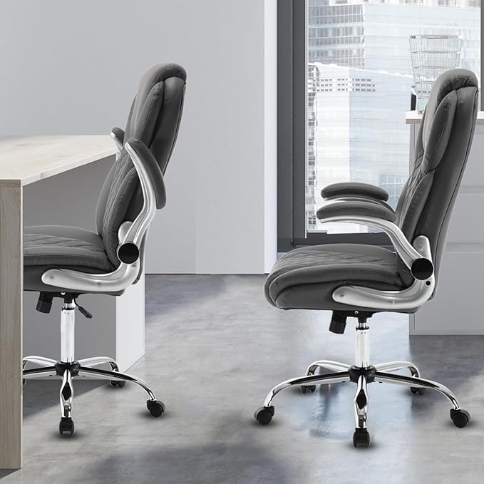 Executive Office Chair, Pu Leather High Back Ergonomic Office Desk Chairs with Wheels, 90-120° Rocking Managerial Chair Home Computer Chairs with Flip-up Armrests and Lumbar Support, Grey