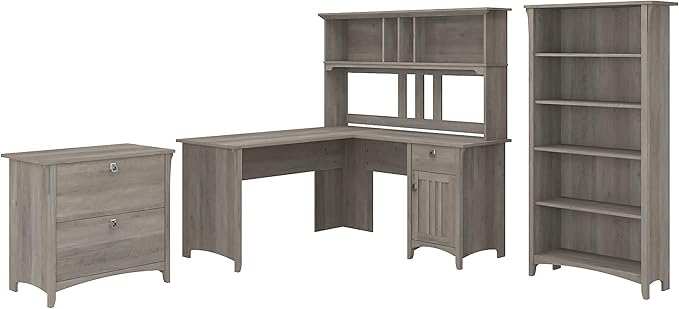 Bush Furniture Salinas L Shaped Desk with Hutch, File Cabinet and 5 Shelf Bookcase | 3 Piece Home Office Furniture Set in Driftwood Gray | L Shaped Corner Table with Storage