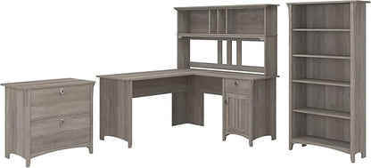 Bush Furniture Salinas L Shaped Desk with Hutch, File Cabinet and 5 Shelf Bookcase | 3 Piece Home Office Furniture Set in Driftwood Gray | L Shaped Corner Table with Storage