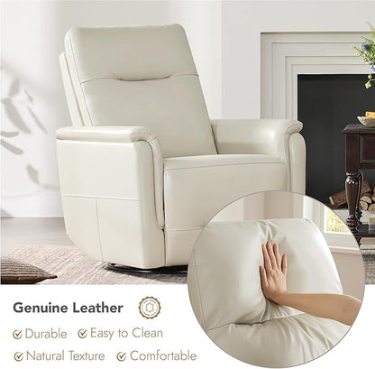 Watson & Whitely Genuine Leather Power Recliner Chairs W Power Headrest for Adults, Swivel Glider Recliner Chair W Charging Ports for Living Room, Light Grey