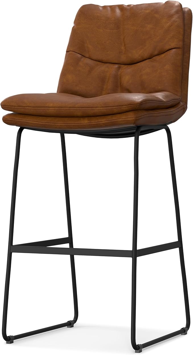 SIMPLIHOME Danika Bar Stools (Set of 2) - 29 inch Seat Height Upholstered Metal Chairs in Camel Brown Vegan Faux Leather, Mid Century Seating for Kitchen or Bar with Tufted Pillow-Top Seat