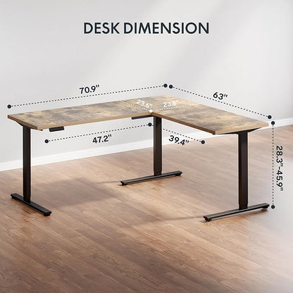 SANODESK L Shaped Electric Standing Desk with Drawer, 71 Inch Ergonomic Adjustable Height Desk with Storage, Corner Desk Sit Stand up Computer Table for Work Office Home, Rustic Brown