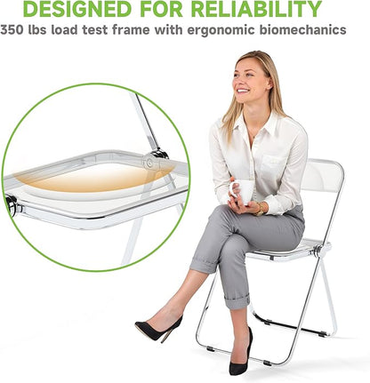 Real Relax Acrylic Folding Chairs,Foldable & Stackable Clear Chairs with Metal Chrome Frame, Indoor and Outdoor, for Home, Office, Party & Events,Set of 2,350LB,Transparent