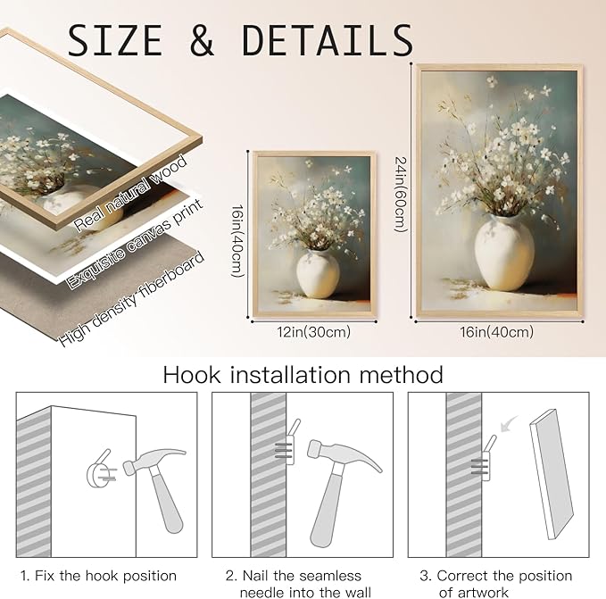 HLXRAE White Floral Wall Art, Rustic Farmhouse Bathroom Wall Decor, Soft Neutral Wildflower Still Life Canvas Print, Minimalist Botanical Aesthetic Picture for Bedroom Laundry Wood Framed 16x24 Inch