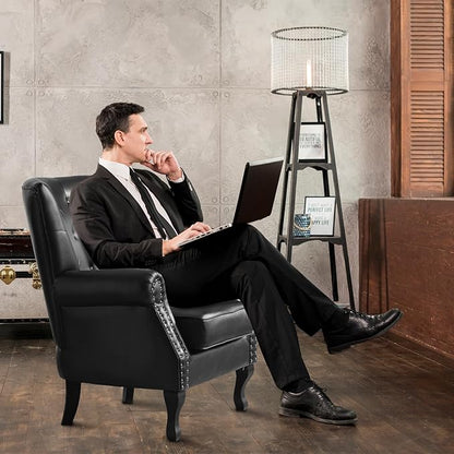 MOJAY PU Leather Accent Chair Set of 2, Modern Armchair Living Room Chair, Upholstered Club Chair with Rivet Trim, Mid-Century Sofa Chair with Sturdy Wood Legs for Bedroom (Black)